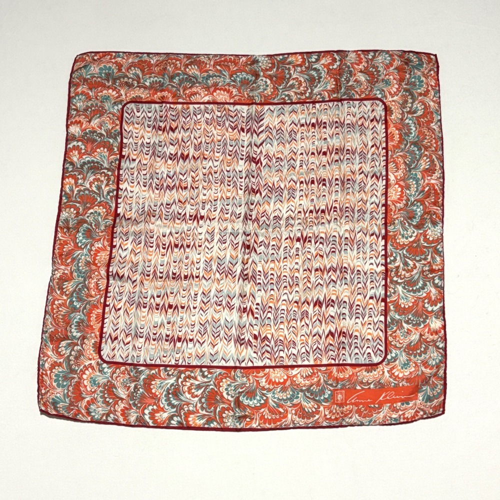 Anne Klein Scarf Women 25in Orange Red Silk Marbled Feather Print Preppy Classic